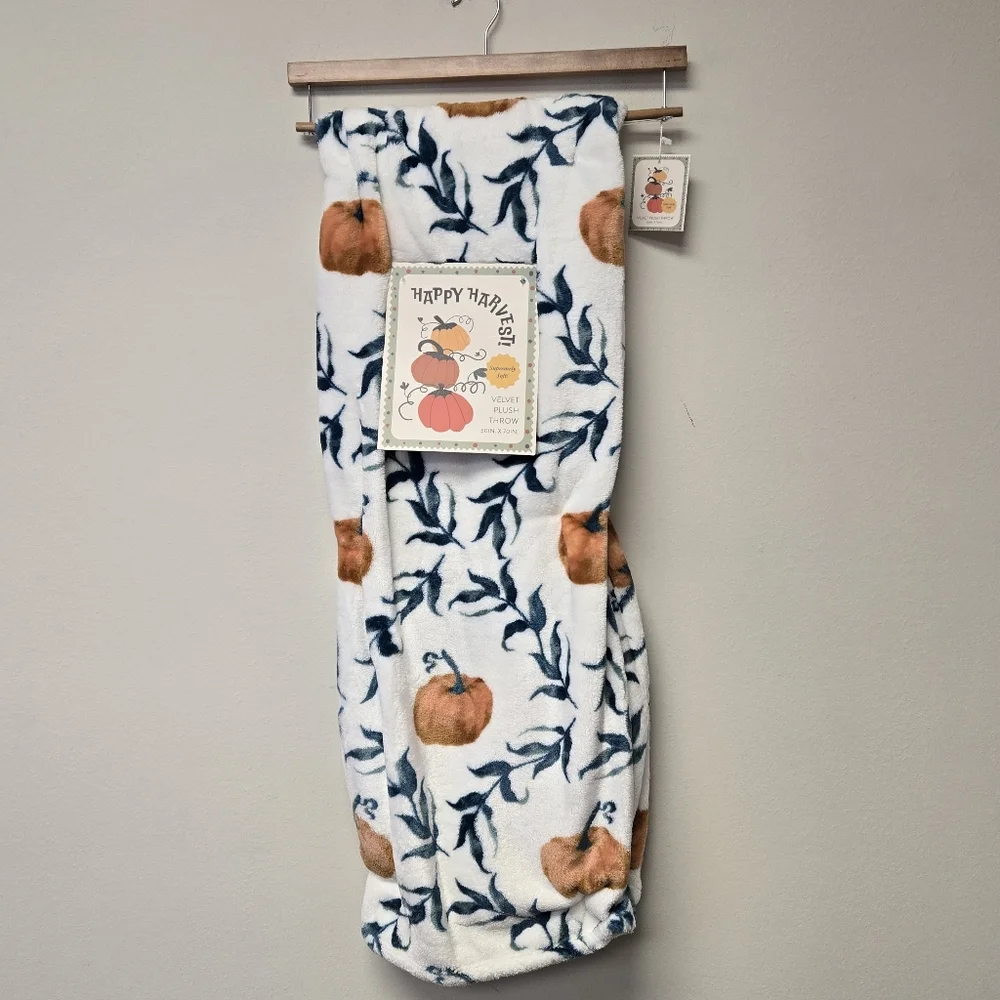 Happy Harvest Pumpkin Vines Velvet Plush Throw Blanket